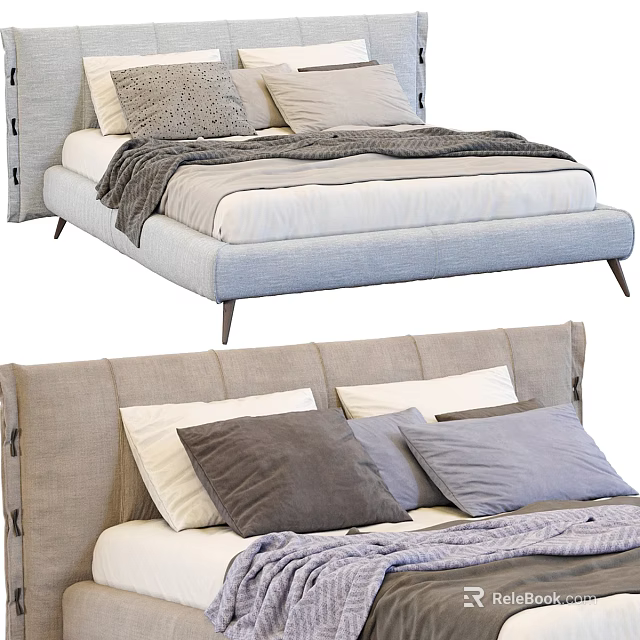 Modern Upholstered Double Bed With Soft Pillows And Cozy Gray Blanket 3d model 