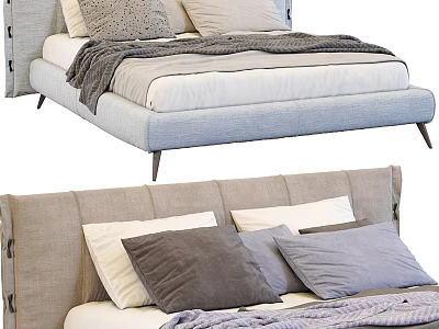 Modern Upholstered Double Bed With Soft Pillows And Cozy Gray Blanket 3d model