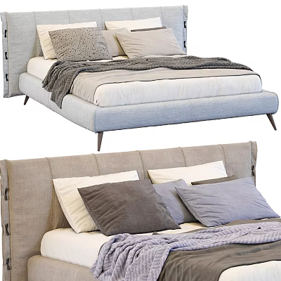 Modern Upholstered Double Bed With Soft Pillows And Cozy Gray Blanket 3d model