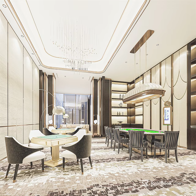 Hotel Mahjong Room Interior With Modern Design Luxurious Decor Mahjong Tables And Hanging Chandeliers 3d model 