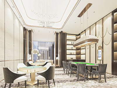 Hotel Mahjong Room Interior With Modern Design Luxurious Decor Mahjong Tables And Hanging Chandeliers 3d model