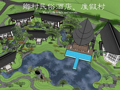 Rural Folklore Guesthouse Buildings in Resort Setting With Traditional Roofs Pond And Greenery 3d model