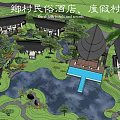 Rural Folklore Guesthouse Buildings in Resort Setting With Traditional Roofs Pond And Greenery