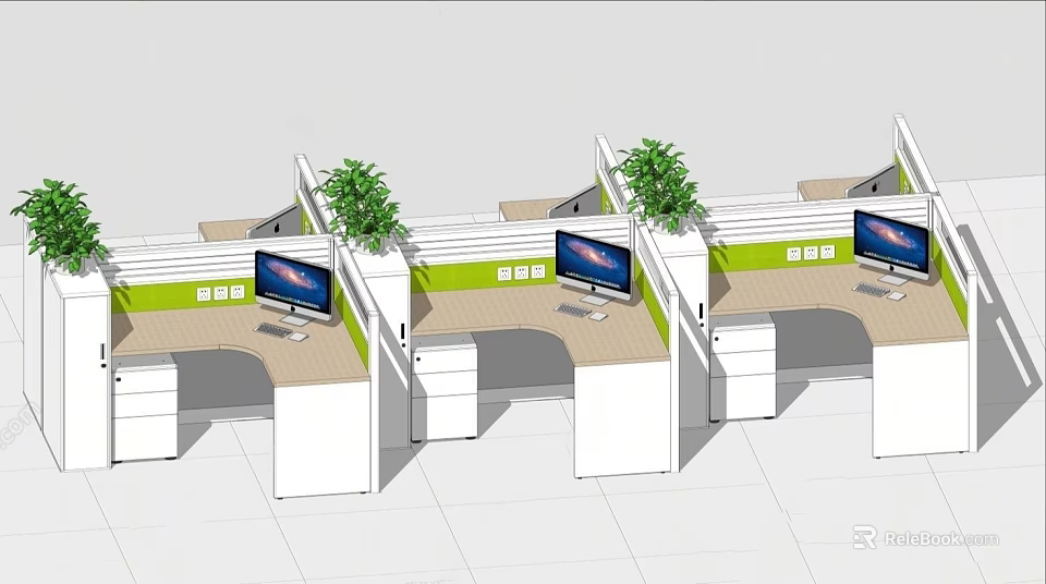 Modern Office Workstations With Cubicles Computer Monitors Potted Plants And Storage Cabinets 3d model