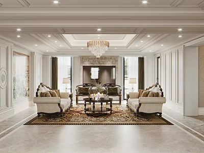 Luxurious Living Room Interior With Chandelier Sofas Coffee Table And Rug 3d model