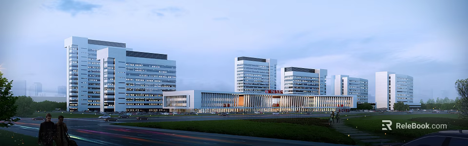Modern Hospital Building With High Rise Structure Glass Curtain Walls And Main Entrance Signage 3d model 