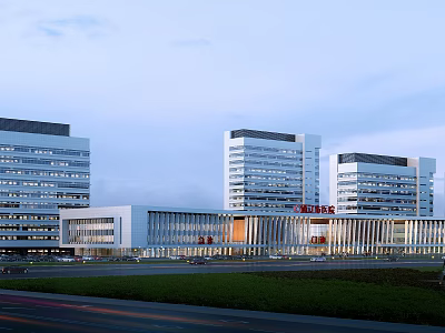 Modern Hospital Building With High Rise Structure Glass Curtain Walls And Main Entrance Signage 3d model