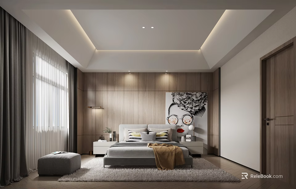 Modern Bedroom Interior Design With Wooden Wall Bed Nightstands Rug Curtains And Decorative Painting 3d model 