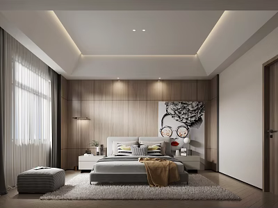 Modern Bedroom Interior Design With Wooden Wall Bed Nightstands Rug Curtains And Decorative Painting 3d model