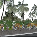Roadside Parking Facility For Motorcycles And Bicycles With Palm Trees And Greenery