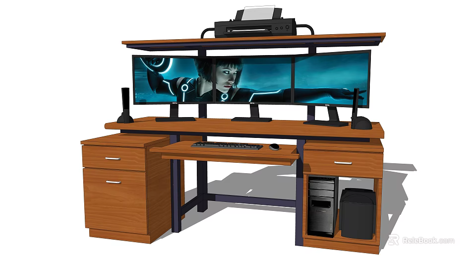 Wooden Office Desk With Dual Monitors Printer Drawers And PC Tower Setup 3d model 