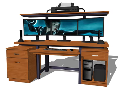 Wooden Office Desk With Dual Monitors Printer Drawers And PC Tower Setup 3d model