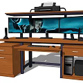 Wooden Office Desk With Dual Monitors Printer Drawers And PC Tower Setup