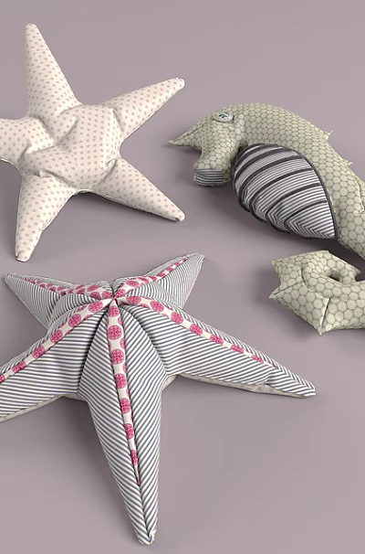 Cute Plush Starfish And Seahorse Stuffed Toys With Polka Dots Stripes And Pink Stitching 3d model