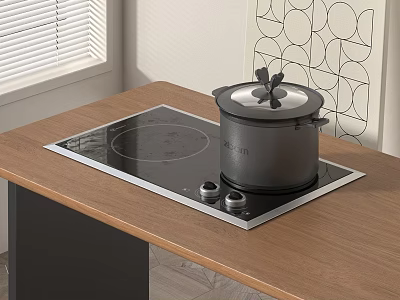 Electric Cooktop On Wooden Table With Pot Window Blinds And Geometric Wall 3d model