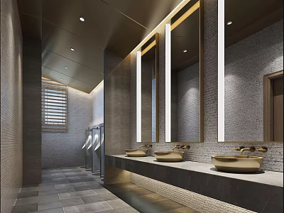 Modern Public Restroom With Multiple Washbasins Illuminated Mirrors Elegant Lighting Brick Wall And Stone Floor 3d model