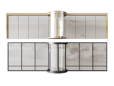 Modern Glass Cabinet And Partition Design With Circular Column Gold And Black Frames 3d model