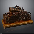Antique Wooden Chest With Decorative Cannon And Metal Fittings On Base