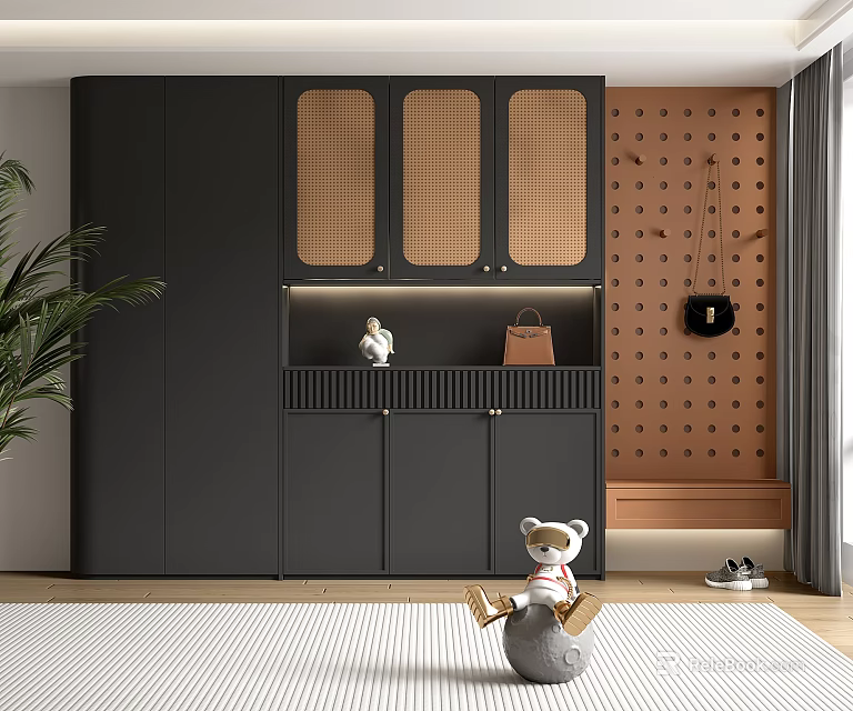 Modern Black Wardrobe With Wooden Lattice Doors Perforated Wall Bench And Decorative Accents 3d model 
