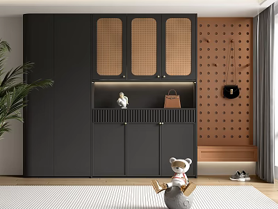 Modern Black Wardrobe With Wooden Lattice Doors Perforated Wall Bench And Decorative Accents 3d model