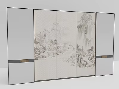 Traditional Chinese Background Wall with Landscape Painting Screen and Grey Decorative Panels 3d model
