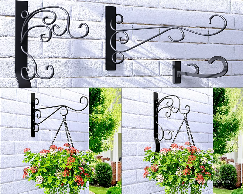 Hanging Vine Plants In Flower Pots On Wrought Iron Hooks White Brick Wall 3d model 