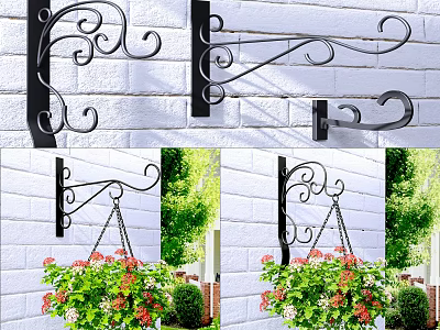 Hanging Vine Plants In Flower Pots On Wrought Iron Hooks White Brick Wall 3d model