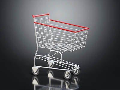 Metallic Shopping Cart With Red Handle And Four Wheels On Black Surface 3d model