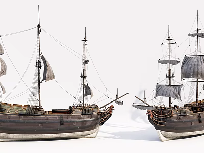 Two Vintage Wooden Sailing Ships With Tall Masts And Raised Sails Facing Each Other 3d model