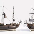 Two Vintage Wooden Sailing Ships With Tall Masts And Raised Sails Facing Each Other