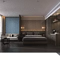 Modern Chinese Style Hotel Room Interior With Blue Wall Wooden Decor Sofa And Large Bed