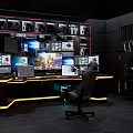 Modern Internet Cafe Interior with Multiple Computer Screens Counter and Comfortable Chair 3d model