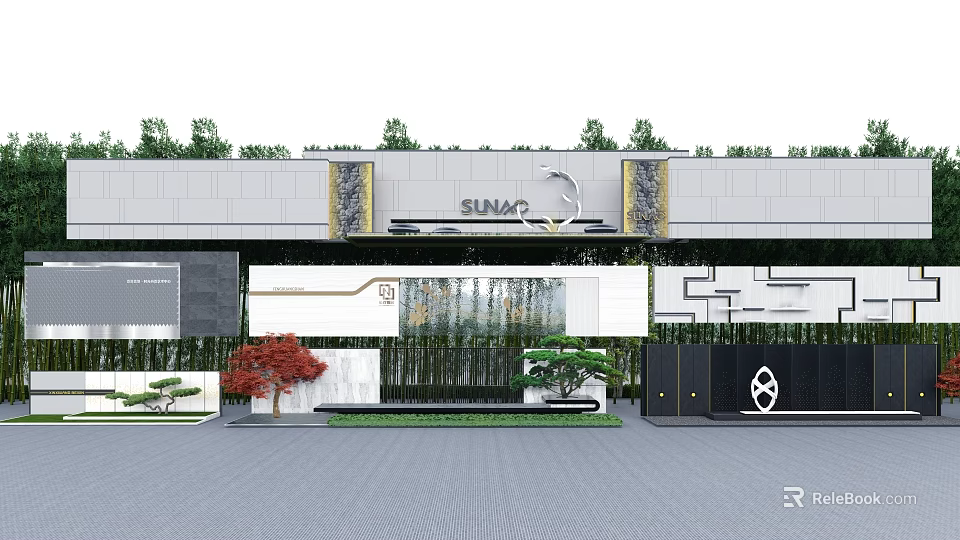 SIMAC Entrance Landscape Wall With Bamboo Greenery And Decorative Stone Elements 3d model