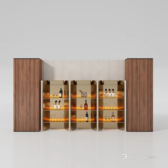 Elegant Modern Wine Cabinet With Wooden Panels Glass Shelves And Wine Bottles 3d model 