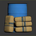 Industrial Storage Setup Featuring Blue Barrel And Stacked Yellow Bags
