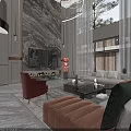 Modern Living and Dining Room Interior With Marble Counter Wooden Cabinets And Chandelier