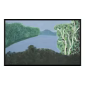 Landscape Painting With Vibrant Sky Dramatic Clouds Calm Water And Green Grass