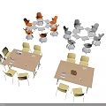 Desks With Hexagonal Orange Gray Chairs Rectangular Yellow Chairs On White Background With Notebooks Cups 3d model