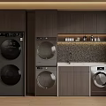 Modern Laundry Room With Multiple Stackable Washing Machines Cabinetry And Sink Counter Design 3d model
