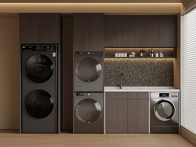 Modern Laundry Room With Multiple Stackable Washing Machines Cabinetry And Sink Counter Design 3d model
