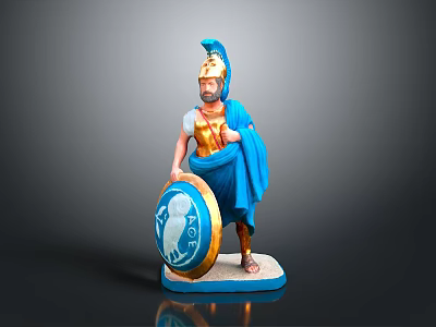 Ancient Warrior Statue With Blue Cloak Helmet And Decorative Shield On White Base 3d model