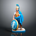 Ancient Warrior Statue With Blue Cloak Helmet And Decorative Shield On White Base