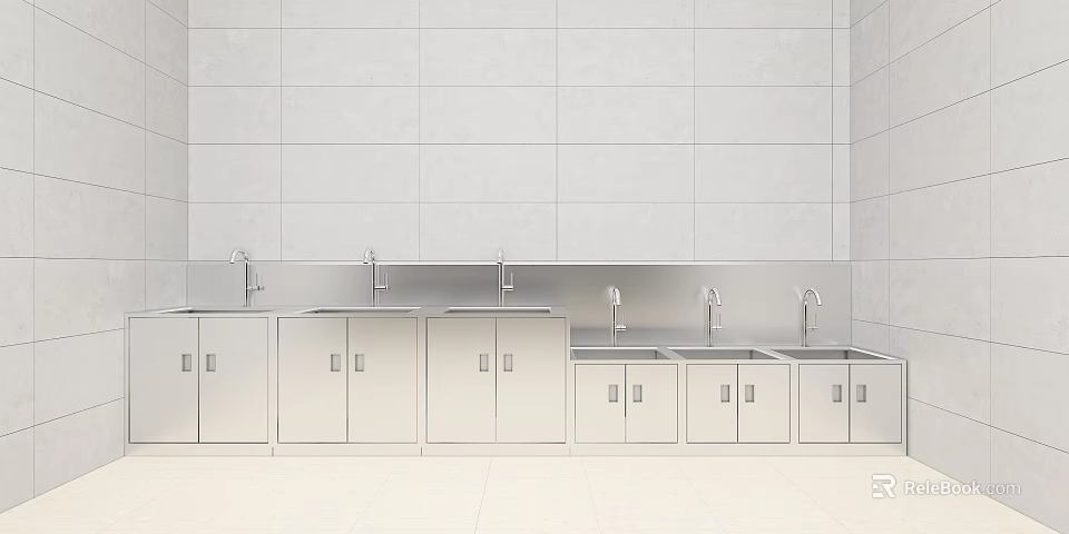 Stainless Steel Countertops With Multiple Sinks And Ceramic Tile Wall 3d model
