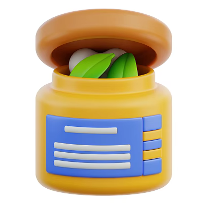 Yellow Storage Jar With Orange Open Lid Green Leaves And White Balls Inside Blue Label 3d model
