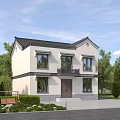 Chinese Traditional Detached Villa with White Walls Black Roof and Lush Garden Front Yard