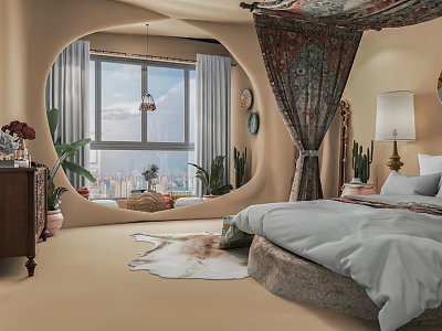 Elegant Hotel Room Interior With Round Bed Canopy Round Window City View And Plants 3d model