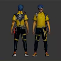 Game Character With Blue Hair Yellow Shirt Black Pants And Fantasy Creature Companion