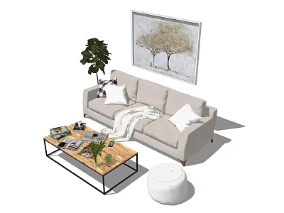 Light Gray Sofa Coffee Table Set With Throw Pillows Blanket Green Plant And Wall Painting 3d model