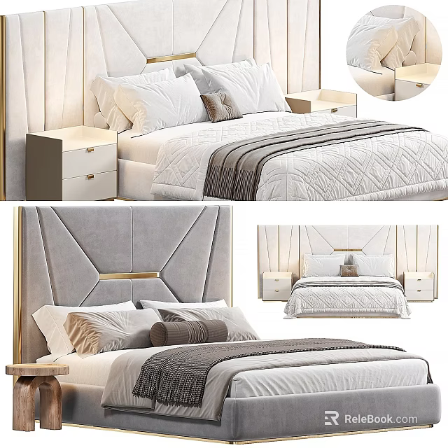 Luxurious Bedroom Bed Design With Velvet Headboard Gold Accents And White Bedding 3d model 