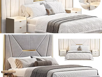 Luxurious Bedroom Bed Design With Velvet Headboard Gold Accents And White Bedding 3d model